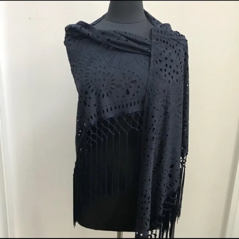 Muche et Muchette Navy Laser Cut Fringe Faux Suede Shawl NWT